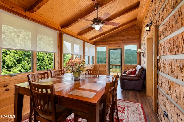 289 Harbor View Rd, Butler, TN 37640 - dining space featuring wood ceiling, wood finished floors, ceiling fan, and wooden walls