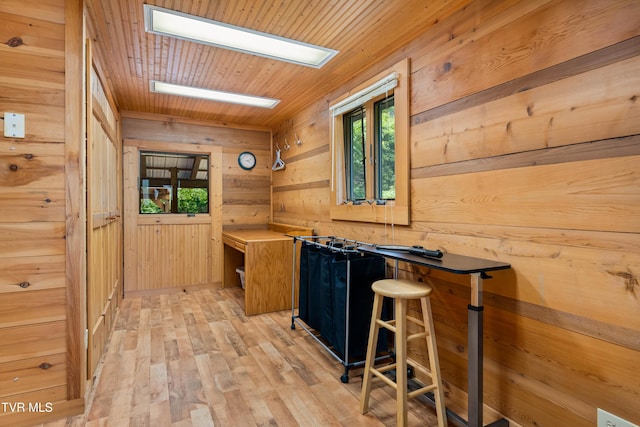 289 Harbor View Rd, Butler, TN 37640 - kitchen featuring open shelves, wooden walls, light wood-type flooring, and wooden ceiling