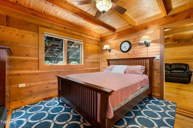 289 Harbor View Rd, Butler, TN 37640 - bedroom featuring wooden walls, a wood ceiling with exposed beams, wood finished floors, and ceiling fan