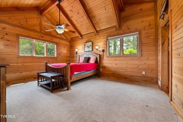 289 Harbor View Rd, Butler, TN 37640 - bedroom with multiple windows, wooden walls, wood ceiling, and carpet floors