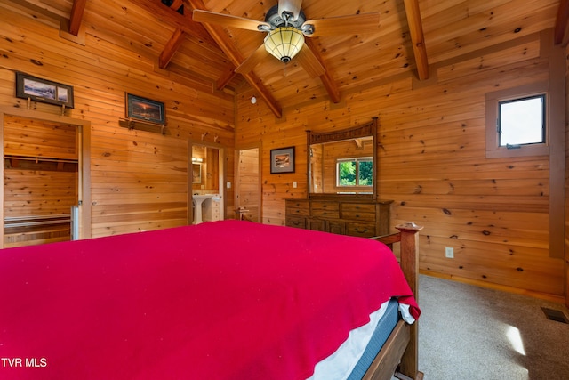 289 Harbor View Rd, Butler, TN 37640 - carpeted bedroom featuring wood walls and wooden ceiling