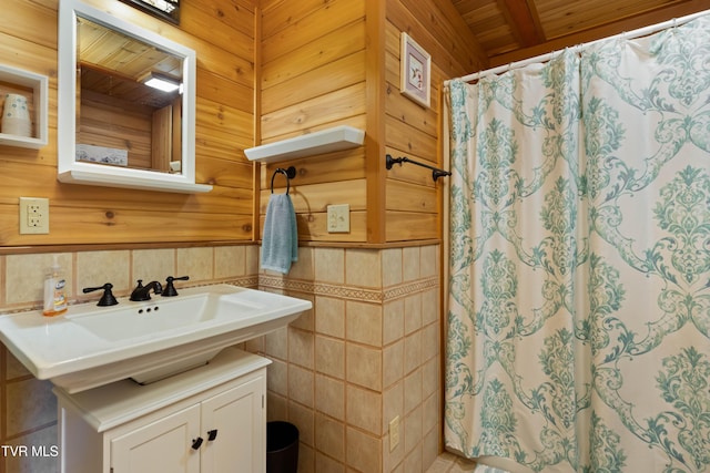289 Harbor View Rd, Butler, TN 37640 - full bathroom with a wood ceiling with exposed beams, vanity, a shower with shower curtain, and wood walls