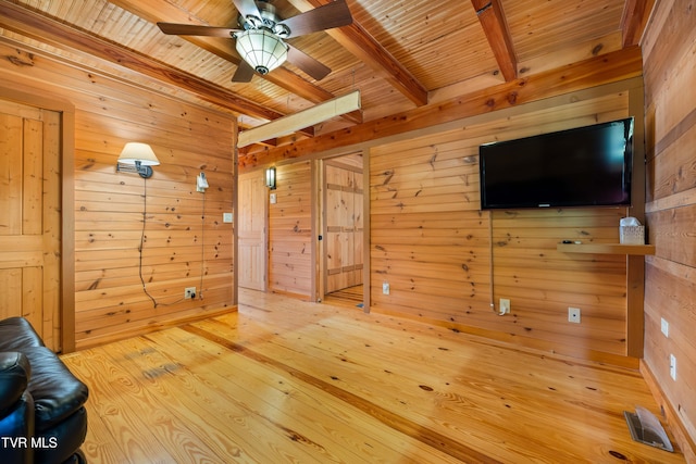 289 Harbor View Rd, Butler, TN 37640 - unfurnished living room featuring wooden walls, a wood ceiling with exposed beams, ceiling fan, and wood finished floors