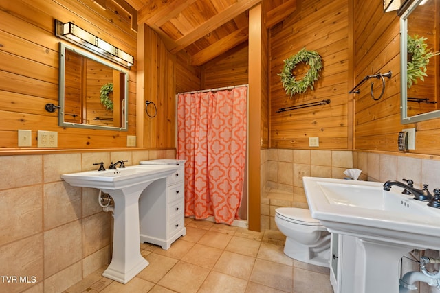 289 Harbor View Rd, Butler, TN 37640 - full bath with wood ceiling, tile patterned floors, a stall shower, tile walls, and wood walls