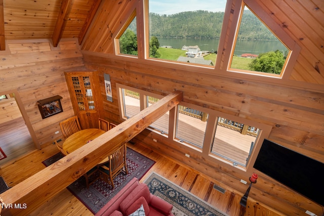 289 Harbor View Rd, Butler, TN 37640 - living area with wooden walls, a water view, wood finished floors, and wooden ceiling