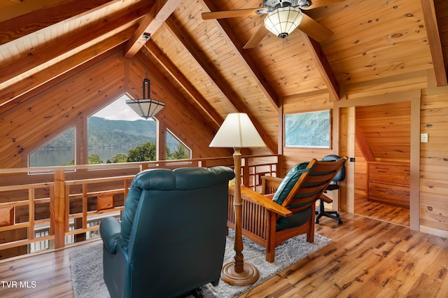 289 Harbor View Rd, Butler, TN 37640 - office with a mountain view, wood ceiling, wooden walls, plenty of natural light, and a ceiling fan