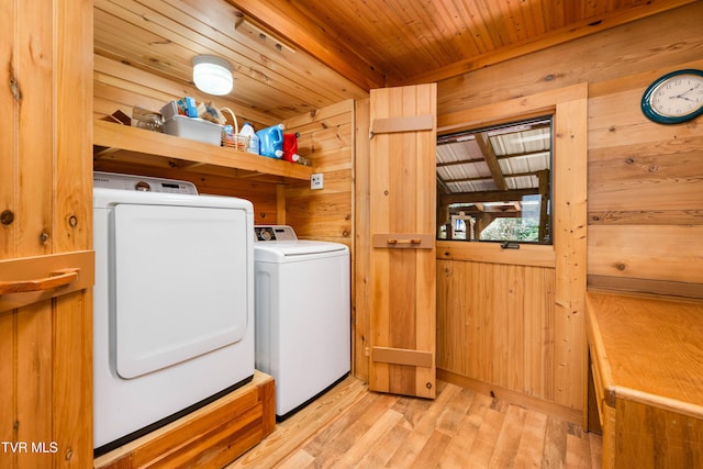 289 Harbor View Rd, Butler, TN 37640 - washroom with washing machine and dryer, wood walls, light wood-style floors, and wooden ceiling