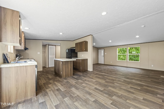 1826 Loop Rd, Lafollette, TN 37766 - kitchen with freestanding refrigerator, a center island, dark wood finished floors, light countertops, and open floor plan