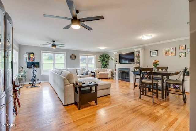 1933 Sand St, Kingsport, TN 37660 - living area featuring ornamental molding, ceiling fan, light wood-style flooring, and a fireplace