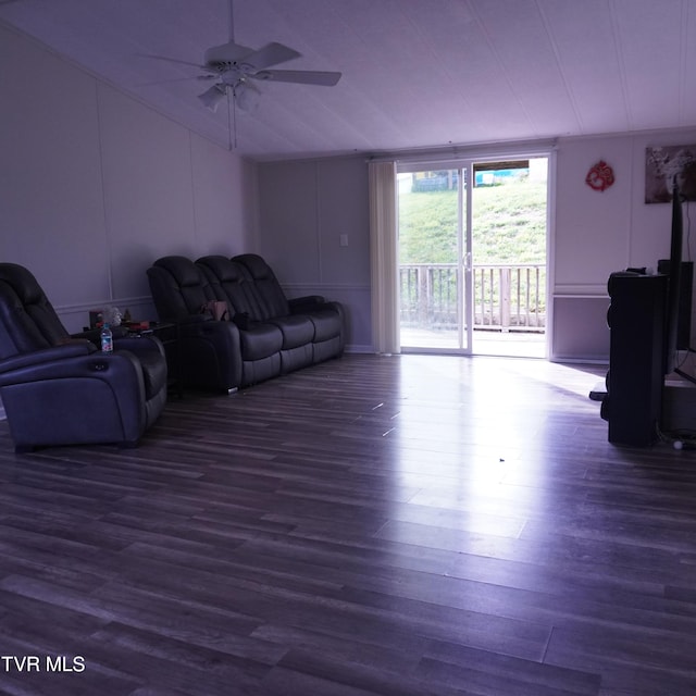 206 Hialeah Dr, Kingsport, TN 37660 - living area with ceiling fan, wood finished floors, a decorative wall, and lofted ceiling