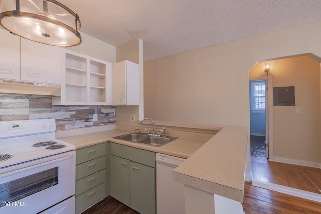 701 W Locust St Unit 34, Johnson City, TN 37604 - kitchen with white appliances, under cabinet range hood, a peninsula, open shelves, and dark wood-style flooring