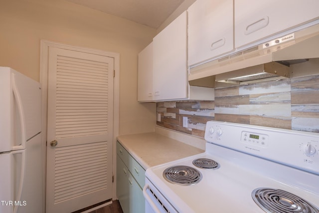 701 W Locust St Unit 34, Johnson City, TN 37604 - kitchen featuring white appliances, under cabinet range hood, light countertops, white cabinets, and decorative backsplash