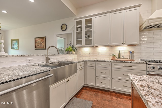 55 Farmstead Ln, Jonesborough, TN 37659 - kitchen featuring stainless steel dishwasher, premium range hood, stove, glass insert cabinets, and light stone countertops