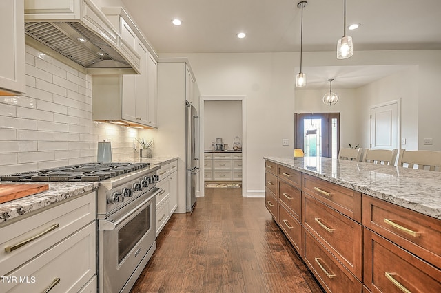 55 Farmstead Ln, Jonesborough, TN 37659 - kitchen with high quality appliances, custom exhaust hood, white cabinets, backsplash, and brown cabinetry