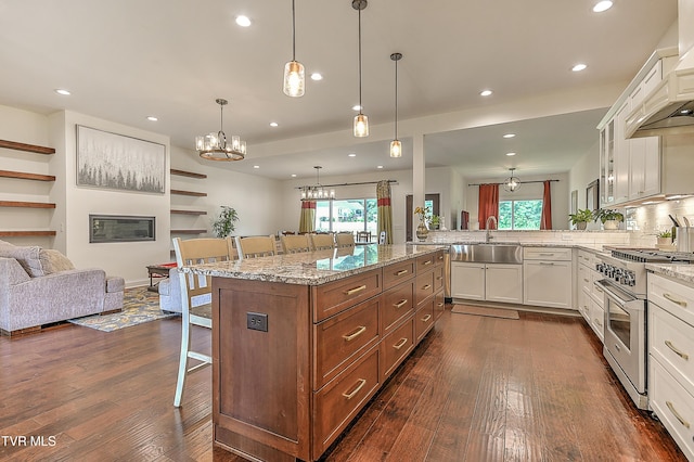 55 Farmstead Ln, Jonesborough, TN 37659 - kitchen with high end stove, a kitchen breakfast bar, white cabinets, open floor plan, and recessed lighting