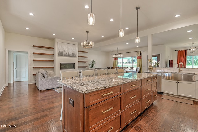 55 Farmstead Ln, Jonesborough, TN 37659 - kitchen with open floor plan, a chandelier, a kitchen bar, dark wood-type flooring, and recessed lighting