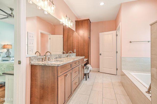 55 Farmstead Ln, Jonesborough, TN 37659 - full bathroom with ceiling fan, double vanity, a bath, recessed lighting, and tile patterned floors