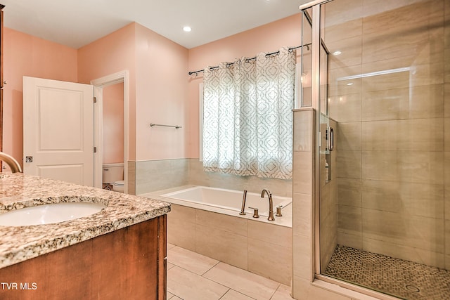 55 Farmstead Ln, Jonesborough, TN 37659 - bathroom with vanity, a bath, a shower stall, and tile patterned floors
