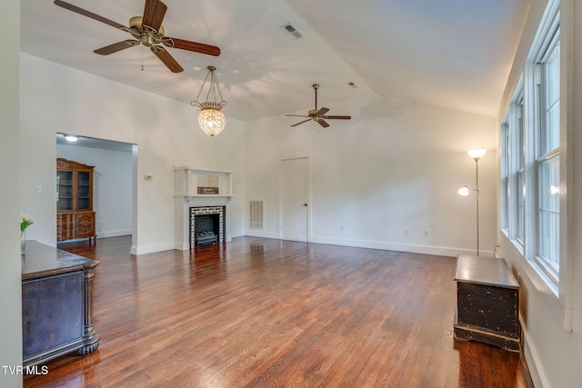 3025 Shipley St, Kingsport, TN 37664 - unfurnished living room with ceiling fan, wood finished floors, plenty of natural light, high vaulted ceiling, and a tile fireplace