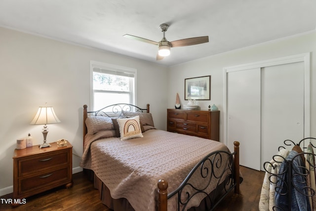 1908 Old Tusculum Rd, Greeneville, TN 37745 - bedroom featuring a closet, dark wood-style flooring, ornamental molding, and ceiling fan