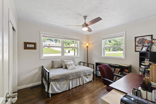 1908 Old Tusculum Rd, Greeneville, TN 37745 - bedroom featuring multiple windows, a desk, dark wood-style flooring, crown molding, and ceiling fan