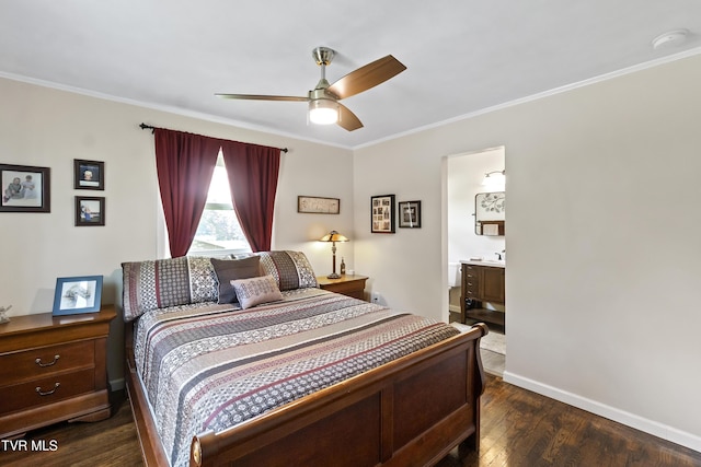 1908 Old Tusculum Rd, Greeneville, TN 37745 - bedroom featuring dark wood-type flooring, crown molding, ceiling fan, and ensuite bath