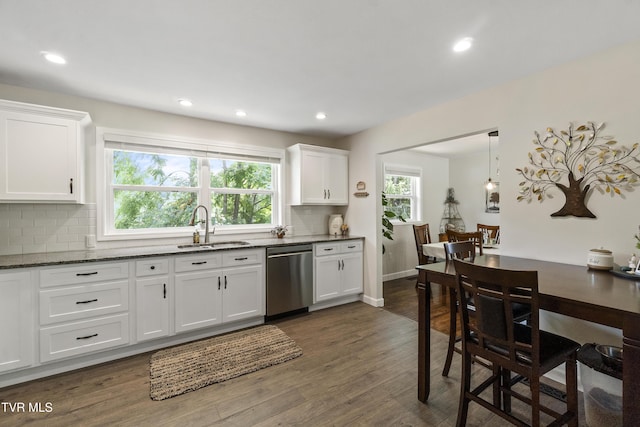 1908 Old Tusculum Rd, Greeneville, TN 37745 - kitchen featuring stainless steel dishwasher, tasteful backsplash, dark stone countertops, white cabinetry, and dark wood-style floors