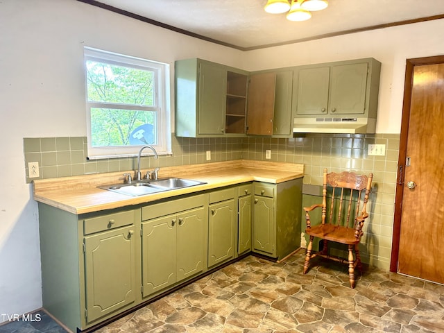 6361 Dr Thomas Walker Rd, Rose Hill, VA 24281 - kitchen featuring under cabinet range hood, open shelves, crown molding, light countertops, and stone finish flooring