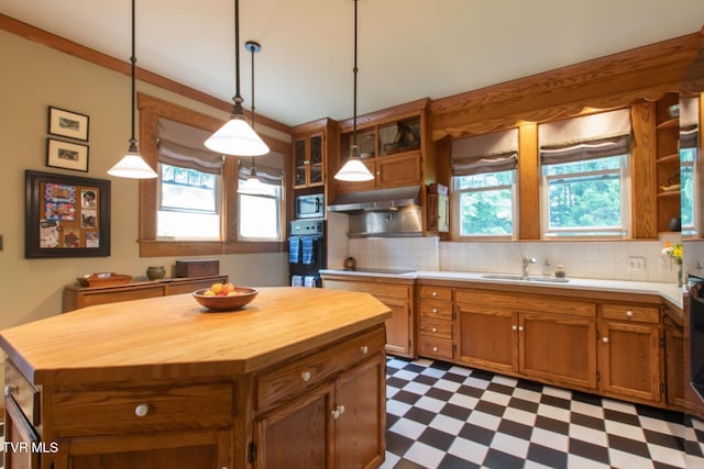 940 Park St, Bristol, VA 24201 - kitchen featuring dark flooring, open shelves, black appliances, and butcher block counters