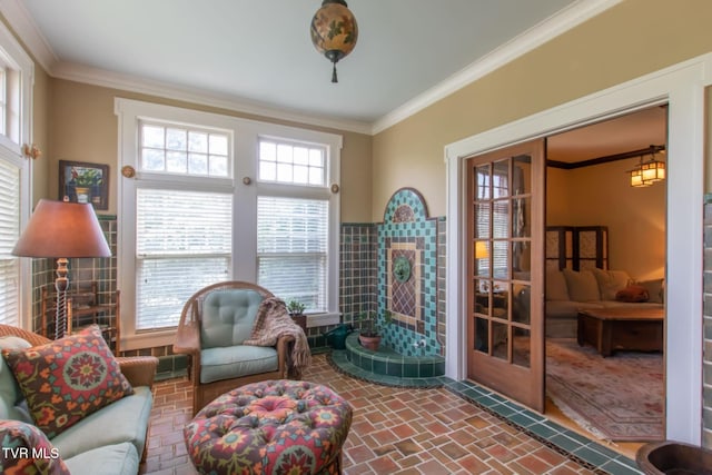940 Park St, Bristol, VA 24201 - living area with crown molding, brick patterned floors, and tile walls