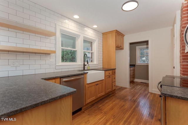 461 S Shady Ave, Damascus, VA 24236 - kitchen featuring stainless steel dishwasher, decorative backsplash, hardwood / wood-style flooring, open shelves, and recessed lighting