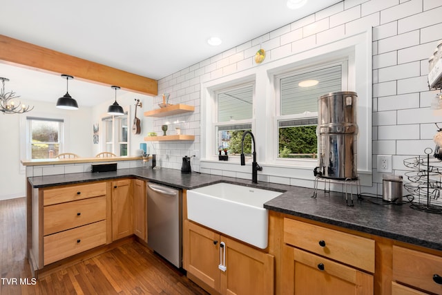 461 S Shady Ave, Damascus, VA 24236 - kitchen with dishwasher, tasteful backsplash, dark wood-style flooring, decorative light fixtures, and beamed ceiling