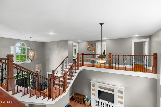 512 Shea Ct, Morristown, TN 37814 - staircase with recessed lighting, wood finished floors, ceiling fan, and a chandelier
