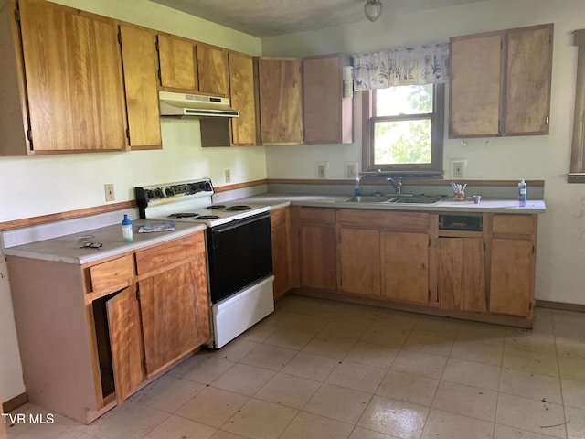 1959 Boones Creek Rd, Jonesborough, TN 37659 - kitchen featuring range with electric cooktop, under cabinet range hood, light countertops, and brown cabinetry