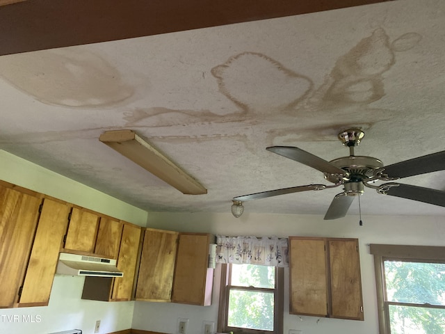 1959 Boones Creek Rd, Jonesborough, TN 37659 - detailed view of under cabinet range hood, brown cabinets, and ceiling fan