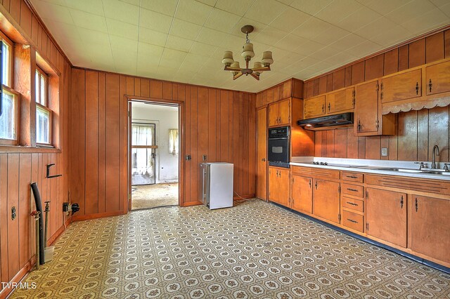 325 Cove Creek Rd, Roan Mountain, TN 37687 - kitchen featuring black appliances, under cabinet range hood, brown cabinets, wood walls, and light countertops