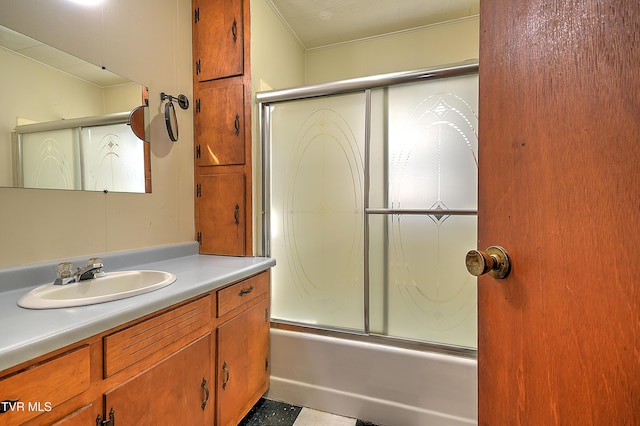 325 Cove Creek Rd, Roan Mountain, TN 37687 - bathroom with vanity, shower / bath combination with glass door, and ornamental molding