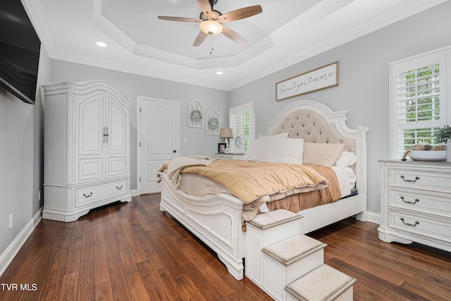 1124 Martingale Sq, Kingsport, TN 37663 - bedroom with dark wood-type flooring, a tray ceiling, recessed lighting, crown molding, and ceiling fan