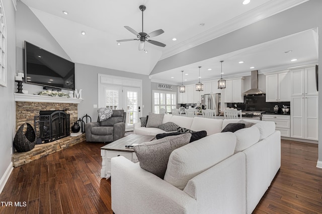 1124 Martingale Sq, Kingsport, TN 37663 - living room featuring a ceiling fan, dark wood finished floors, a fireplace, crown molding, and lofted ceiling