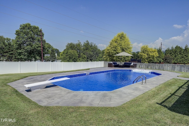 305 Emerald Chase Cir, Johnson City, TN 37615 - view of pool with an outdoor living space, a diving board, a fenced backyard, and a patio