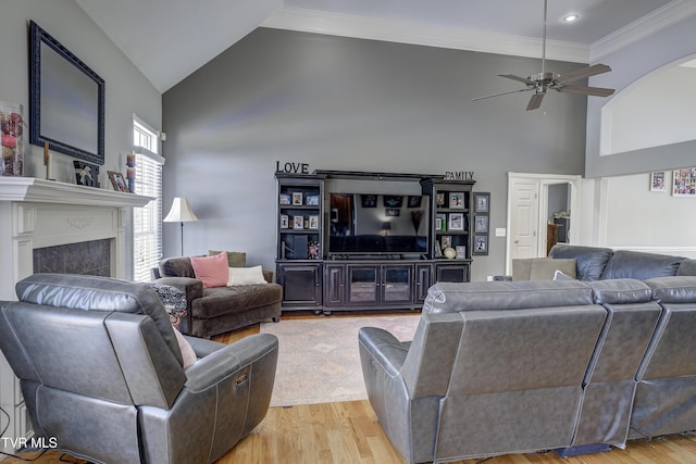 305 Emerald Chase Cir, Johnson City, TN 37615 - living area featuring high vaulted ceiling, ceiling fan, a fireplace, wood finished floors, and crown molding