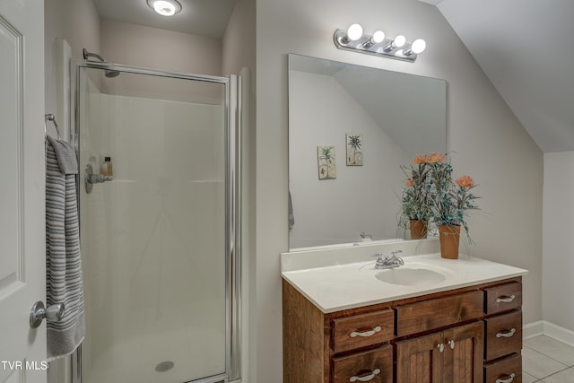 305 Emerald Chase Cir, Johnson City, TN 37615 - full bath with a stall shower, vanity, lofted ceiling, and tile patterned flooring