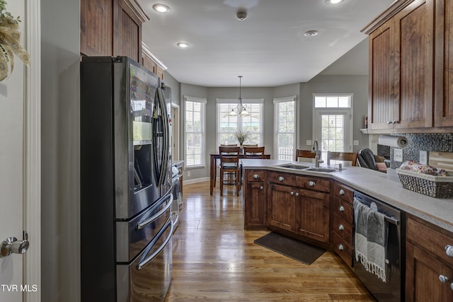 305 Emerald Chase Cir, Johnson City, TN 37615 - kitchen with refrigerator with ice dispenser, dishwasher, light wood finished floors, a peninsula, and recessed lighting