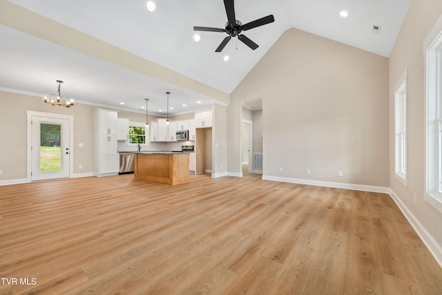 1308 Walnut Grove Rd, Jonesborough, TN 37659 - unfurnished living room featuring a chandelier, recessed lighting, a ceiling fan, high vaulted ceiling, and light wood finished floors