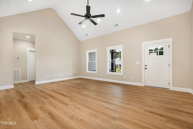 1308 Walnut Grove Rd, Jonesborough, TN 37659 - unfurnished living room featuring high vaulted ceiling, ceiling fan, light wood-type flooring, and recessed lighting
