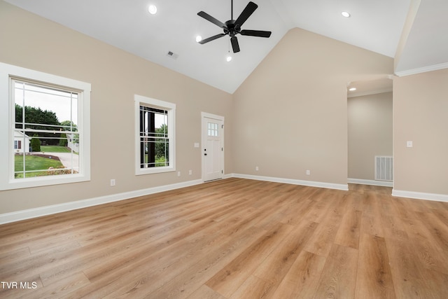 1308 Walnut Grove Rd, Jonesborough, TN 37659 - unfurnished living room with high vaulted ceiling, a ceiling fan, light wood-style flooring, and recessed lighting