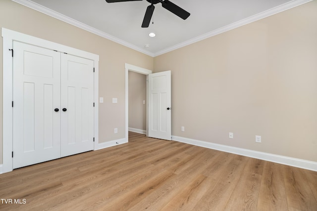 1308 Walnut Grove Rd, Jonesborough, TN 37659 - unfurnished bedroom featuring light wood-style floors, ornamental molding, recessed lighting, a ceiling fan, and a closet