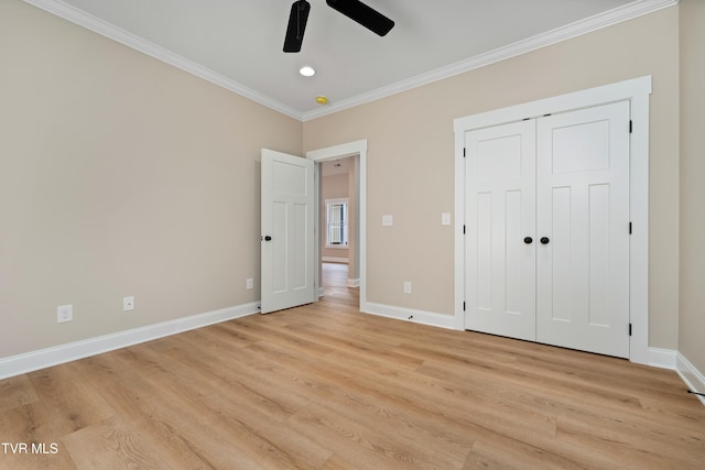 1308 Walnut Grove Rd, Jonesborough, TN 37659 - unfurnished bedroom with crown molding, light wood-type flooring, recessed lighting, ceiling fan, and a closet