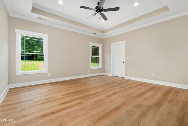 1308 Walnut Grove Rd, Jonesborough, TN 37659 - unfurnished room featuring a tray ceiling, ornamental molding, light wood-type flooring, recessed lighting, and ceiling fan