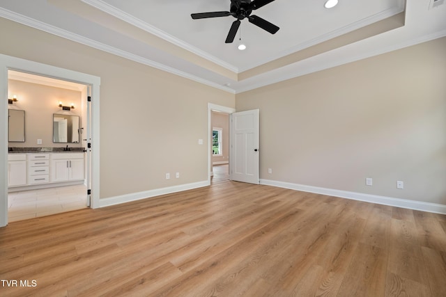 1308 Walnut Grove Rd, Jonesborough, TN 37659 - unfurnished bedroom with crown molding, recessed lighting, light wood-style floors, a raised ceiling, and ensuite bathroom
